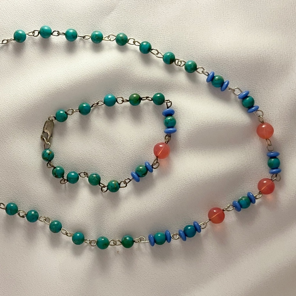 Turquoise and glass bead Necklace and bracelet set, sterling clasps